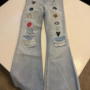 7 For All Mankind Light Blue Flare Jeans with Patches